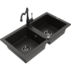 Mexen Mario dviguba granitinė plautuvė su virtuvės maišytuvu Carla, Juoda/Auksinė metallic - 6504-75-670700-70-B