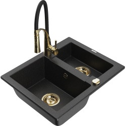 Mexen Carlos vienguba granitinė plautuvė su virtuvės maišytuvu Aster, Juoda/Sidabrinis metallic - 6518-73-73450-57-G