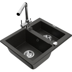 Mexen Carlos pusantrinė granitinė plautuvė su virtuvės maišytuvu Duero, Juoda/Auksinė metallic - 6518-75-671600-00